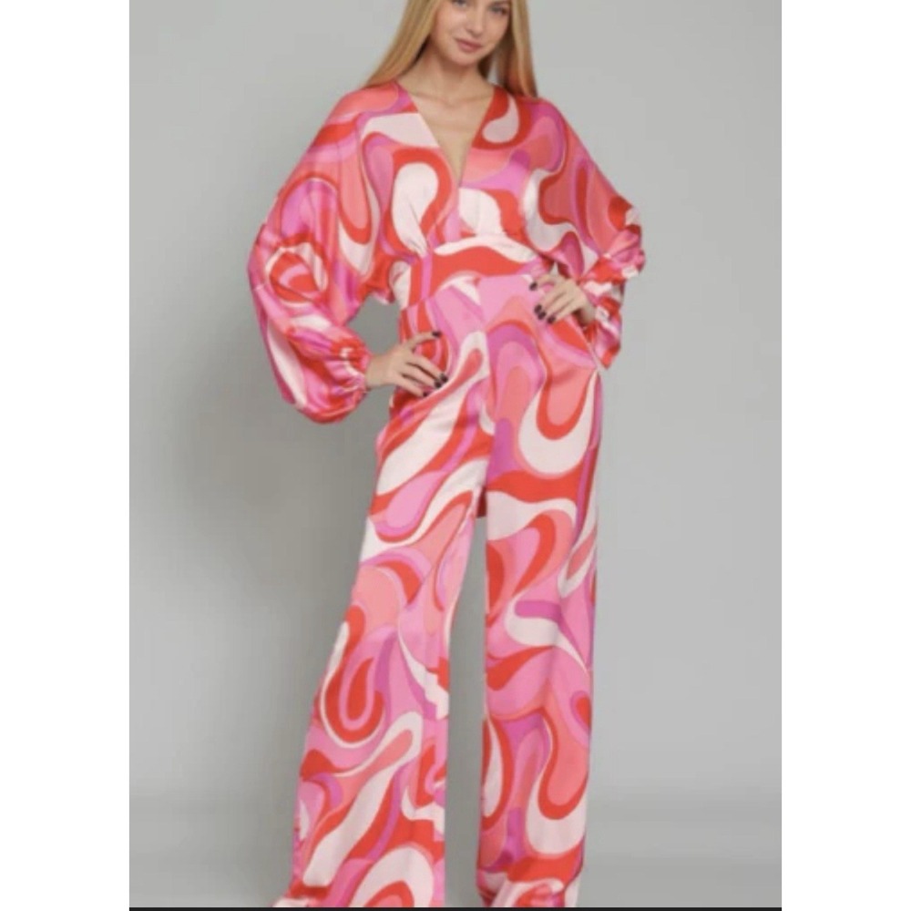 Bond 73 Pink Groovy Satin Hippie Jumpsuit Dolman Sleeves S